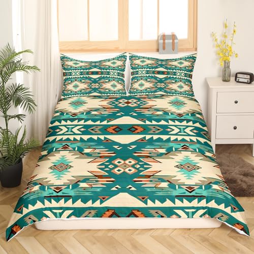 Feelyou Green Southwestern Bedding Set King Size Geometric Comforter Cover Set Tribal Native American Design Western Decor Duvet Cover Stripe Line Bedspread Cover Room Decor Quilt Cover(No Comforter)