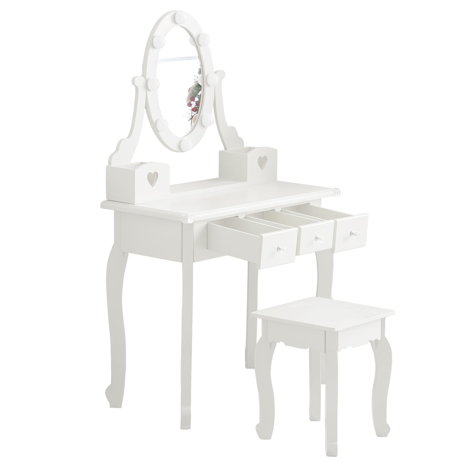 Volowoo Princess Makeup Desk and Chair Set,Vanity Set with Mirror and Stool, 5 Storage Drawers, Pretend Play Princess Makeup Desk Dressing Table and Stool Set for Little Girls, Macaroon White