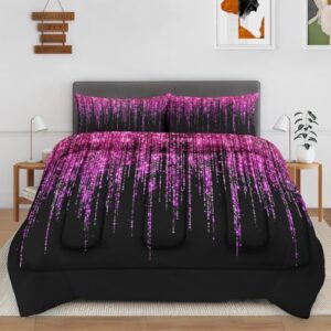 Cuzutime Full Size Comforter Set with 2 Pillowcases, Pink Rose Glitter Garland, Bedroom Decor Abstract Birthday Black Light Soft Bedding Set for Kids and Adults, Bed Decor