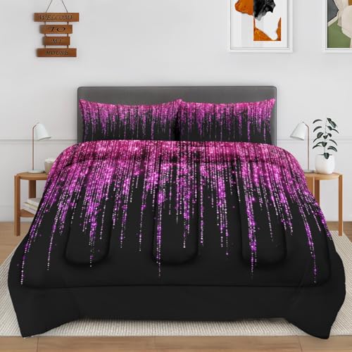 Cuzutime Full Size Comforter Set with 2 Pillowcases, Pink Rose Glitter Garland, Bedroom Decor Abstract Birthday Black Light Soft Bedding Set for Kids and Adults, Bed Decor