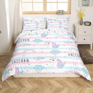 Feelyou Cute Unicorn Bedding Set Twin Size Pink Blue Stripe Duvet Cover for Kids Boys Girls Teens Rainbow Cloud Comforter Cover Set Kawaii Bedspread Cover 2Pcs Zipper