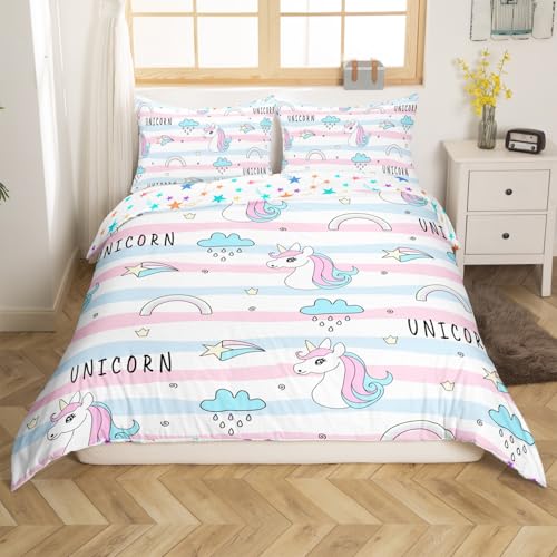 Feelyou Cute Unicorn Bedding Set Twin Size Pink Blue Stripe Duvet Cover for Kids Boys Girls Teens Rainbow Cloud Comforter Cover Set Kawaii Bedspread Cover 2Pcs Zipper