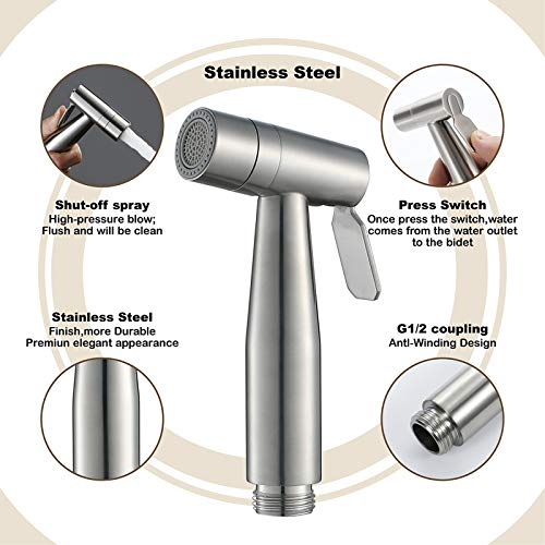 Handheld Bidet Sprayer for Toilet, 2 Mode Water Cloth Diaper Sprayer Set Stainless Steel Toilet Mount Bathroom Bidet Sprayer Kit with Holder for Feminine Hygiene,Stainless Steel Hose(Spring Hose)