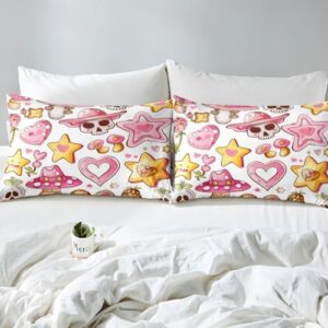 Pink Stars Hearts Bedding Set Tribal Cowgirl Hat Bedding Duvet Cover Kids Teens Gothic Skull Cute Comforter Cover Pink Yellow White Bedspread Cover Bedroom Quilt Cover 3Pcs Full,No Comforter