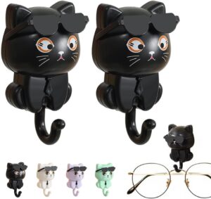 cat key holder, cute sunglasses cat adhesive coat hooks, adhesive hooks heavy duty wall mounted, creative adhesive cute pet hooks coat hook, for hanging hats, clothes, miscellaneous items (2*black)