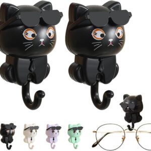 Cat Key Holder, Cute Sunglasses Cat Adhesive Coat Hooks, Adhesive Hooks Heavy Duty Wall Mounted, Creative Adhesive Cute Pet Hooks Coat Hook, for Hanging Hats, Clothes, Miscellaneous Items (2*Black)