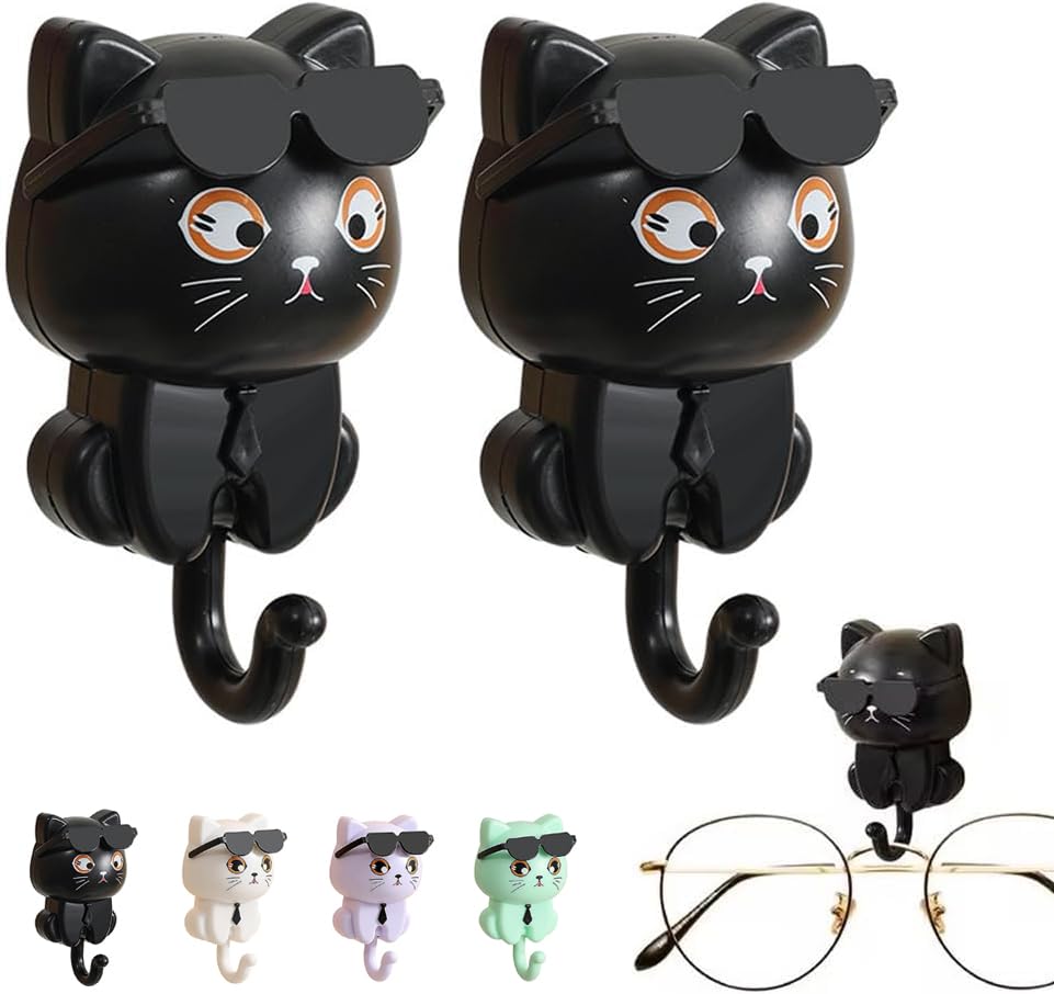 Cat Key Holder, Cute Sunglasses Cat Adhesive Coat Hooks, Adhesive Hooks Heavy Duty Wall Mounted, Creative Adhesive Cute Pet Hooks Coat Hook, for Hanging Hats, Clothes, Miscellaneous Items (2*Black)