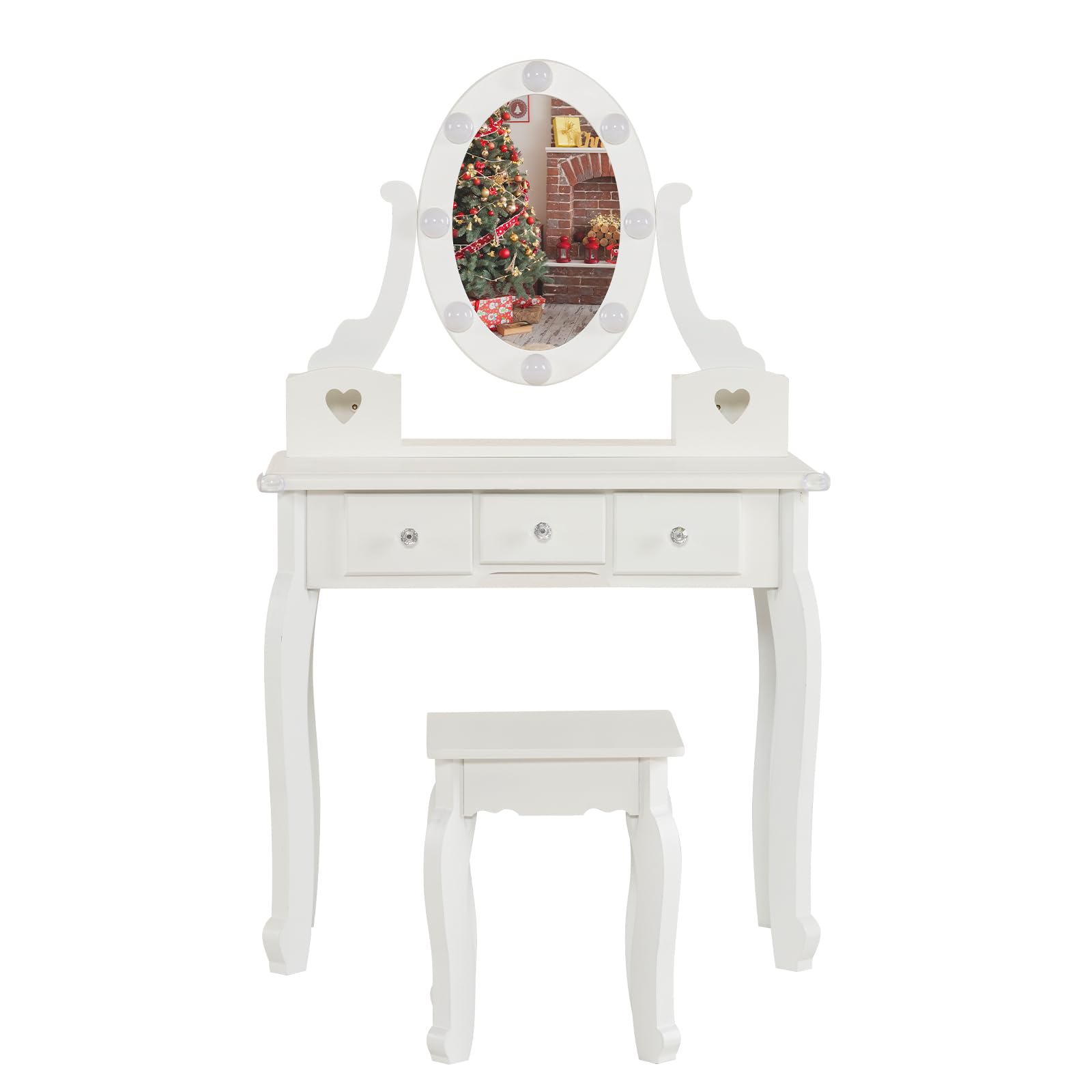 Volowoo Princess Makeup Desk and Chair Set,Vanity Set with Mirror and Stool, 5 Storage Drawers, Pretend Play Princess Makeup Desk Dressing Table and Stool Set for Little Girls, Macaroon White