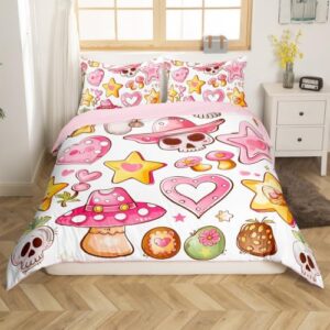 Pink Stars Hearts Bedding Set Tribal Cowgirl Hat Bedding Duvet Cover Kids Teens Gothic Skull Cute Comforter Cover Pink Yellow White Bedspread Cover Bedroom Quilt Cover 3Pcs Full,No Comforter