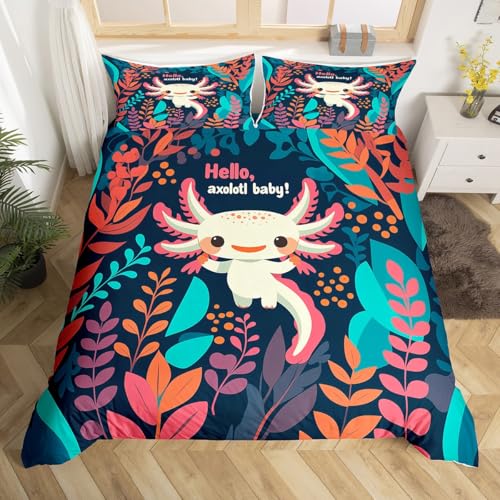 Feelyou Kids Cute Axolotl Comforter Cover Twin Size, Ocean Sealife Duvet Cover Boys Girls Cartoon Salamander Bedding Set for Kawaii Animal Bedspread Cover Soft Quilt Cover 2Pcs (No Comforter)