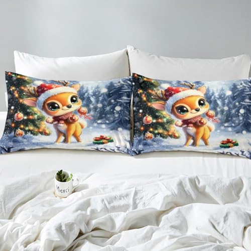 3D Kawaii Deer Duvet Cover Set Full Size 3 Pcs Glitter Green Christmas Tree Bedding Set for Kids Boys Girls Teens Cartoon Cute Wild Animal Rustic Style Quilt Cover with 2 Pillowcases(No Comforter)