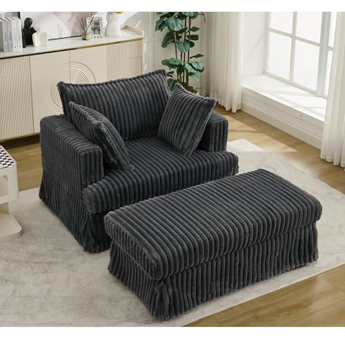 Eafurn Corduroy Upholstered Accent Chair with Movable Ottoman, Oversized Singel Chaise Lounge Sectional Sofa Couch Deep Seat Armchair with Detachable Seat & Back Cushions for Living Room Apartment