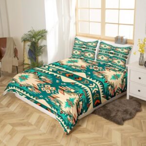 Feelyou Green Southwestern Bedding Set King Size Geometric Comforter Cover Set Tribal Native American Design Western Decor Duvet Cover Stripe Line Bedspread Cover Room Decor Quilt Cover(No Comforter)