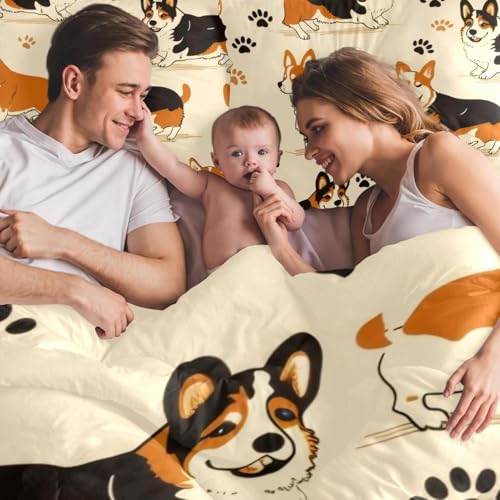 VAPOKF Duvet Covers Set Queen Size Soft and Breathable Microfiber Comforter Bedding Set 1 Duvet Cover 2 Pillowcase with Zipper Closure for Kids Women Men, Corgi Doga Paw Footprints