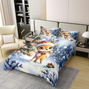 3D Kawaii Deer Bedding Set King Size Glitter Green Christmas Tree 100% Cotton Duvet Cover for Kids Boys Girls Teens Cartoon Cute Wild Animal Rustic Style Comforter Cover,2 Pillowcases(No Comforter)