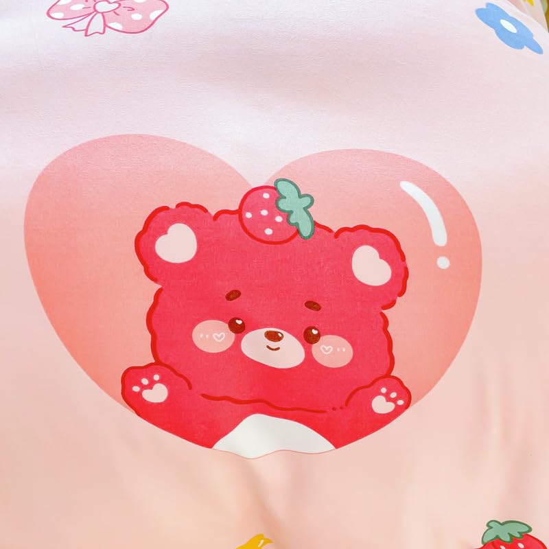 Sleepwish 3 Pieces Strawberry Bear Print Duvet Cover Set 79"x91" Pink Flowers Bedding Set for Kids Teens Girls Bed Cover with 2 Pillowcases