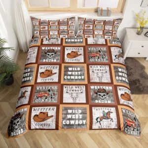 feelyou western decor bedding duvet cover set full size wild western cowboy bedding set longhorn skull rodeo cowboy grid hats comforter cover set for wood grain bedspread cover(no comforter)