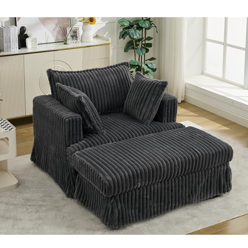 Eafurn Corduroy Upholstered Accent Chair with Movable Ottoman, Oversized Singel Chaise Lounge Sectional Sofa Couch Deep Seat Armchair with Detachable Seat & Back Cushions for Living Room Apartment