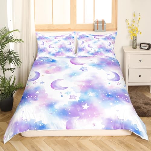 Manfei 2 Pieces Cartoon Moon Night 100% Nature Cotton Duvet Cover Not Comforter,Tie Dye Cloud Dreamy Starry Sky Bedding Set,Boys Girls Watercolor Gradient All Season Bedding with Zipper Closure Twin