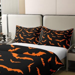 Erosebridal Bat Halloween Decor 100% Natural Cotton Bed Set Queen Size,Cartoon Wildlife Soft Breathable Comforter Cover,Orange Bats Bird Bedroom Decor Duvet Cover,Gothic Wild Animals Cozy Quilt Cover