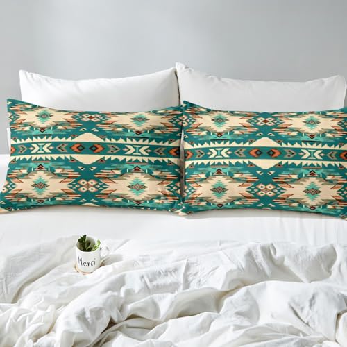 Feelyou Green Southwestern Bedding Set King Size Geometric Comforter Cover Set Tribal Native American Design Western Decor Duvet Cover Stripe Line Bedspread Cover Room Decor Quilt Cover(No Comforter)