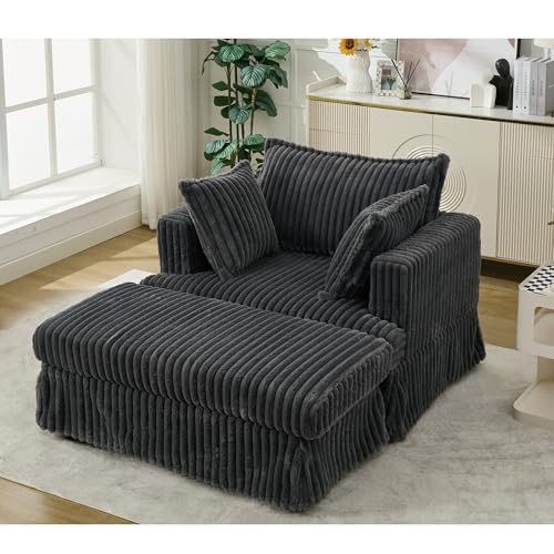 Eafurn Corduroy Upholstered Accent Chair with Movable Ottoman, Oversized Singel Chaise Lounge Sectional Sofa Couch Deep Seat Armchair with Detachable Seat & Back Cushions for Living Room Apartment