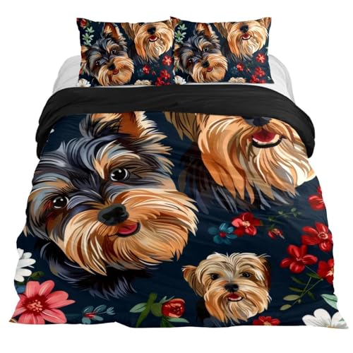 VAPOKF Duvet Covers Set Queen Size Soft and Breathable Microfiber Comforter Bedding Set 1 Duvet Cover 2 Pillowcase with Zipper Closure for Kids Women Men, Yorkshire Terrier Florals