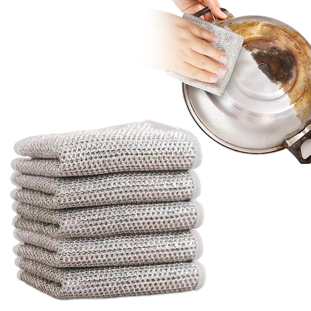 Cecurpo Double Stainless Steel Scrubber, 2024 Upgraded Non Scratch Scrubbing Pads for Kitchen, Multipurpose Wire Dishwashing Rags for Wet and Dry, Reusable Premium Metal Wire Cleaning Dishcloth (5)