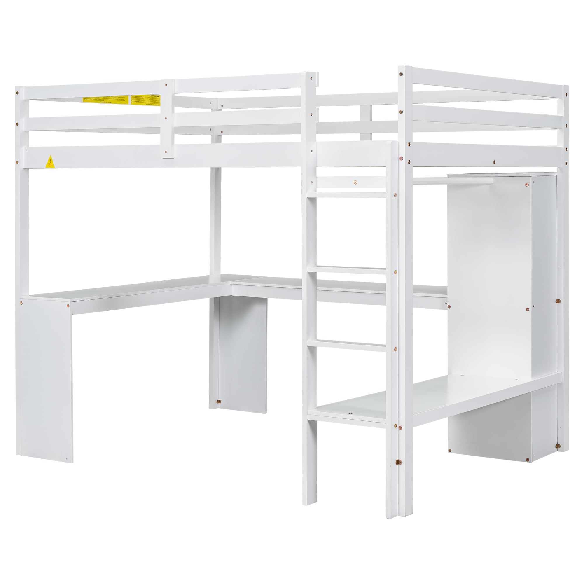 THINK 30 Full Size Loft Bed Frame with L-Shaped Desk, Wardrobe and Storage Shelves, Multifunctional Wood Loft Bed with Desk & Stairway for Kids Boys Girls Teens (White, Full)