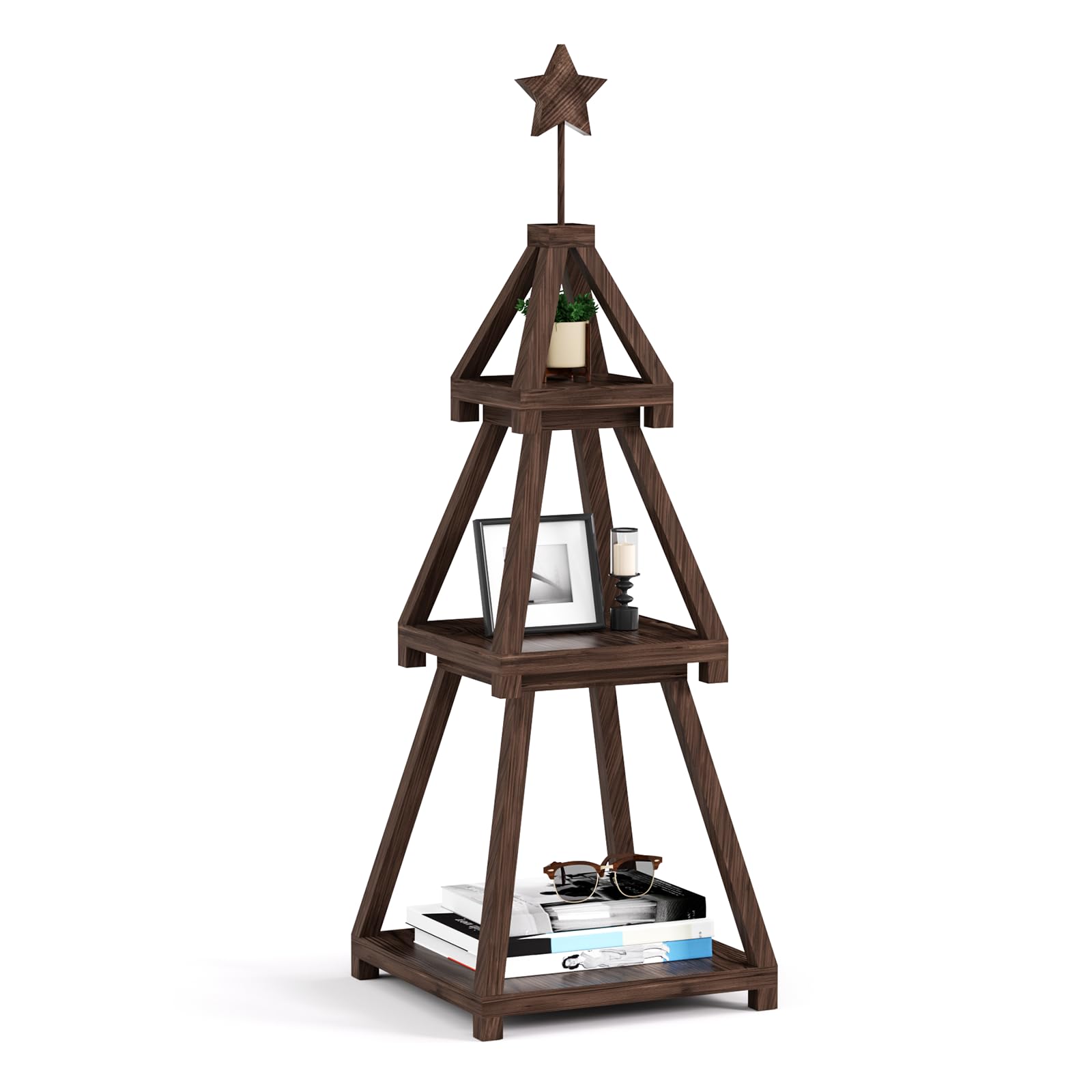 Cotata 41.3 inch 3-Tier Christmas Bookcase,Ladder Corner Solid Wood Tree Bookshelf for liveroom，Walnut