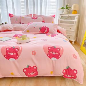 sleepwish 3 pieces strawberry bear print duvet cover set 79"x91" pink flowers bedding set for kids teens girls bed cover with 2 pillowcases