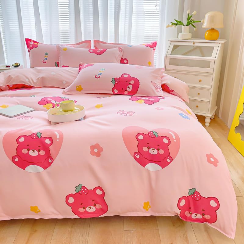 Sleepwish 3 Pieces Strawberry Bear Print Duvet Cover Set 79"x91" Pink Flowers Bedding Set for Kids Teens Girls Bed Cover with 2 Pillowcases