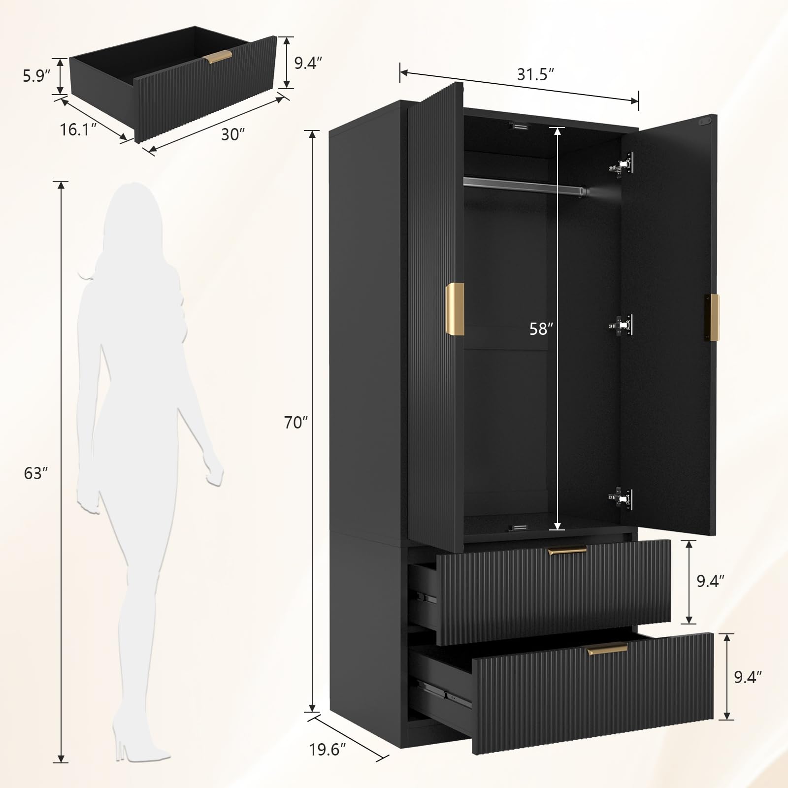 Wardrobe Closet with 2 Doors and 2 Drawers, 70"Clothing Storage Cabinets with Hanging Rod, Modern Wooden Armoire Wardrobe Closet with Gold Handles for Bedroom Armoires Laundry Room(Black)