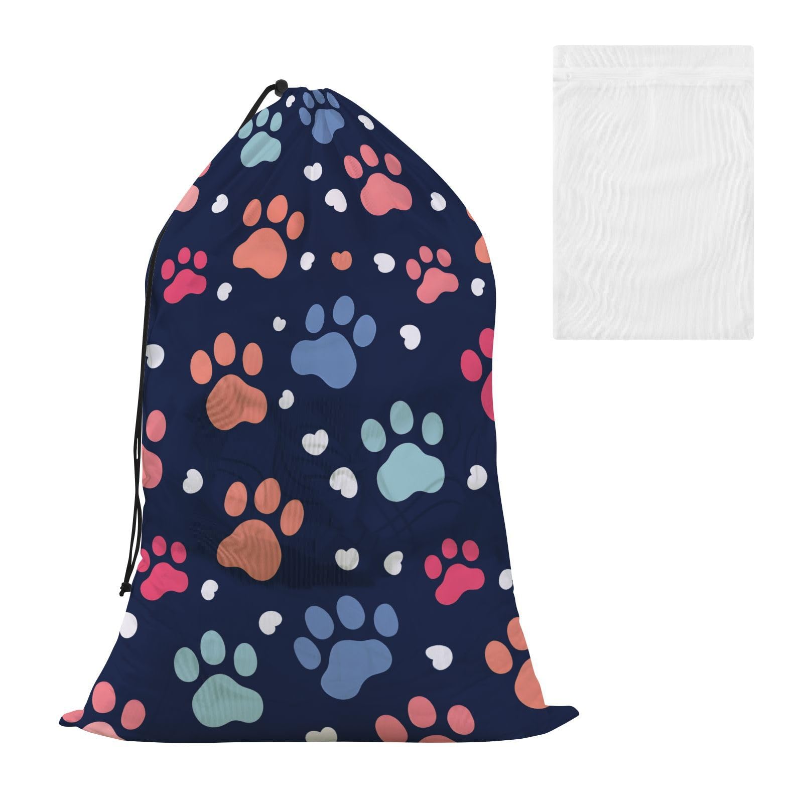 Colorful Cute Dog Paw Prints Laundry Bag Travel Mesh Laundry Bags Drawstring Large Laundry Basket Hamper Washable Lingerie Storage Net Bag for Delicates Camp Dirty Clothes Apartment Home