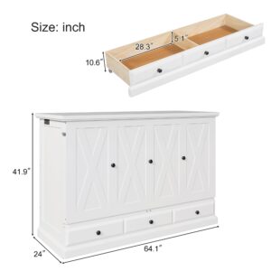 MERITLINE Queen Murphy Bed with Storage Drawer and Charging Station,Pine Wood White Murphy Bed Cabinet Folding Murphy Chest Bed Queen Size Adults Murphy Bed Unit