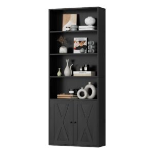 jamfly open bookshelf and bookcase with doors, 6 shelf storage shelves tall bookcase for bedroom, living room and office, black