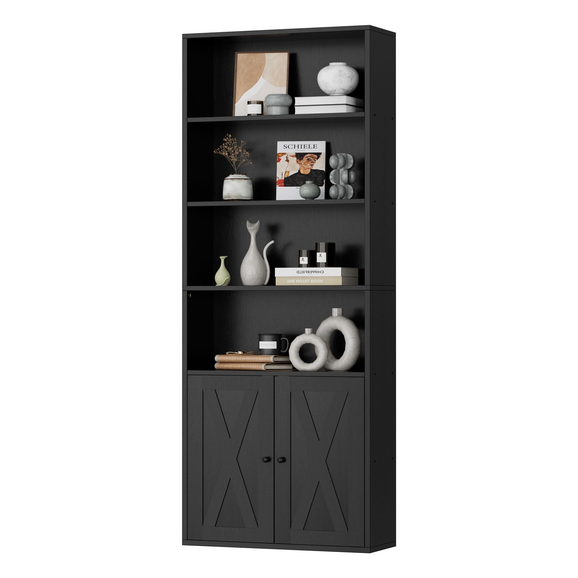 JAMFLY Open Bookshelf and Bookcase with Doors, 6 Shelf Storage Shelves Tall Bookcase for Bedroom, Living Room and Office, Black