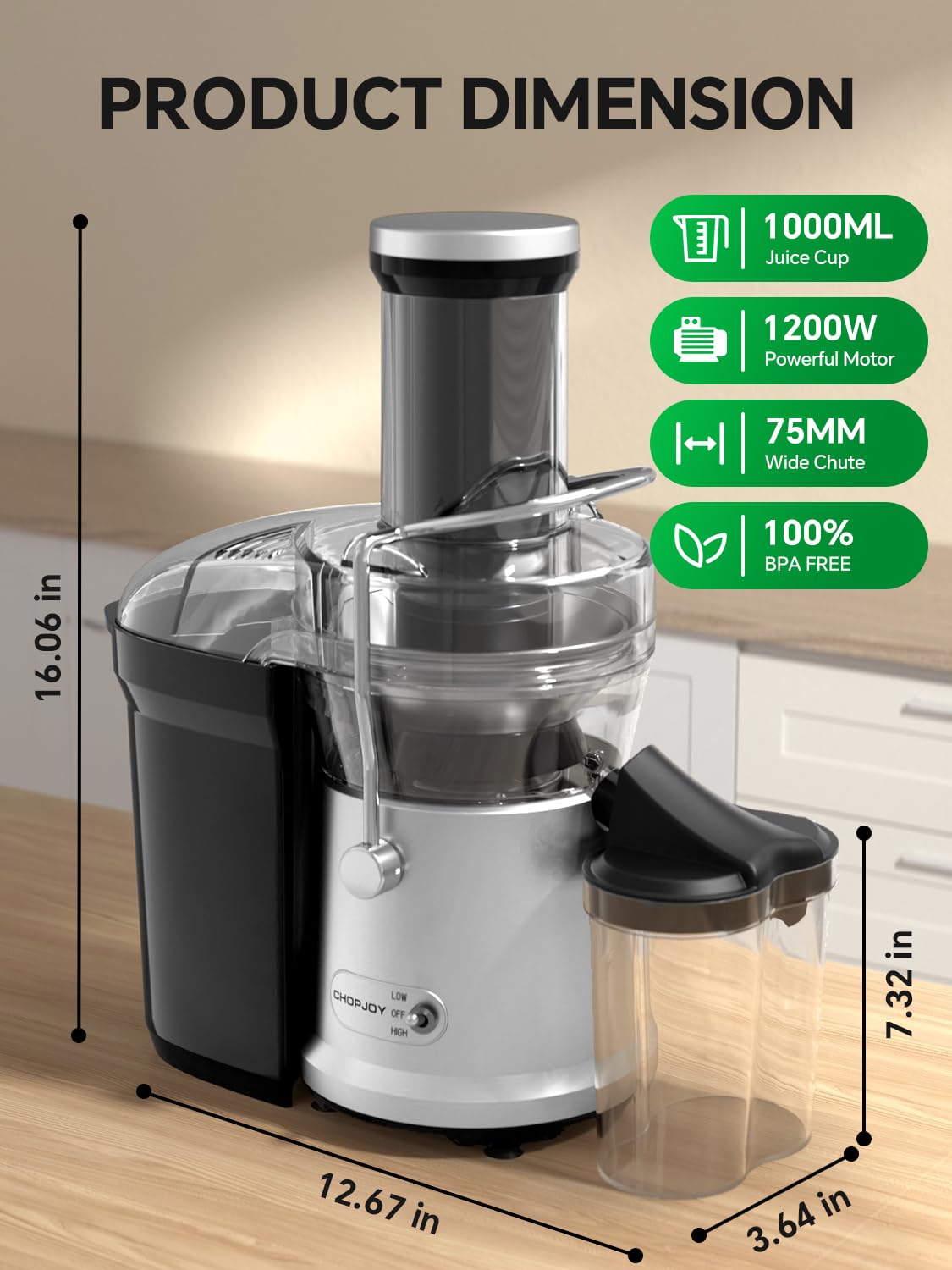 Juicer, 1200W Juicer Machine with 3" Feed Chute for Whole Fruits and Vegs, Dual Speeds Centrifugal Juice Extractor, High Juice Yield, Full Copper Motor, Easy to Clean, BPA Free