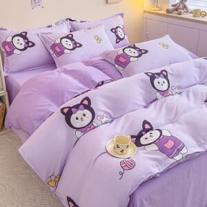 Sleepwish 3 Pieces Cute Cat Rabbit Print Duvet Cover Set 71"x87" Purple Bedding Set for Kids Teens Girls Bed Cover with 2 Pillowcases