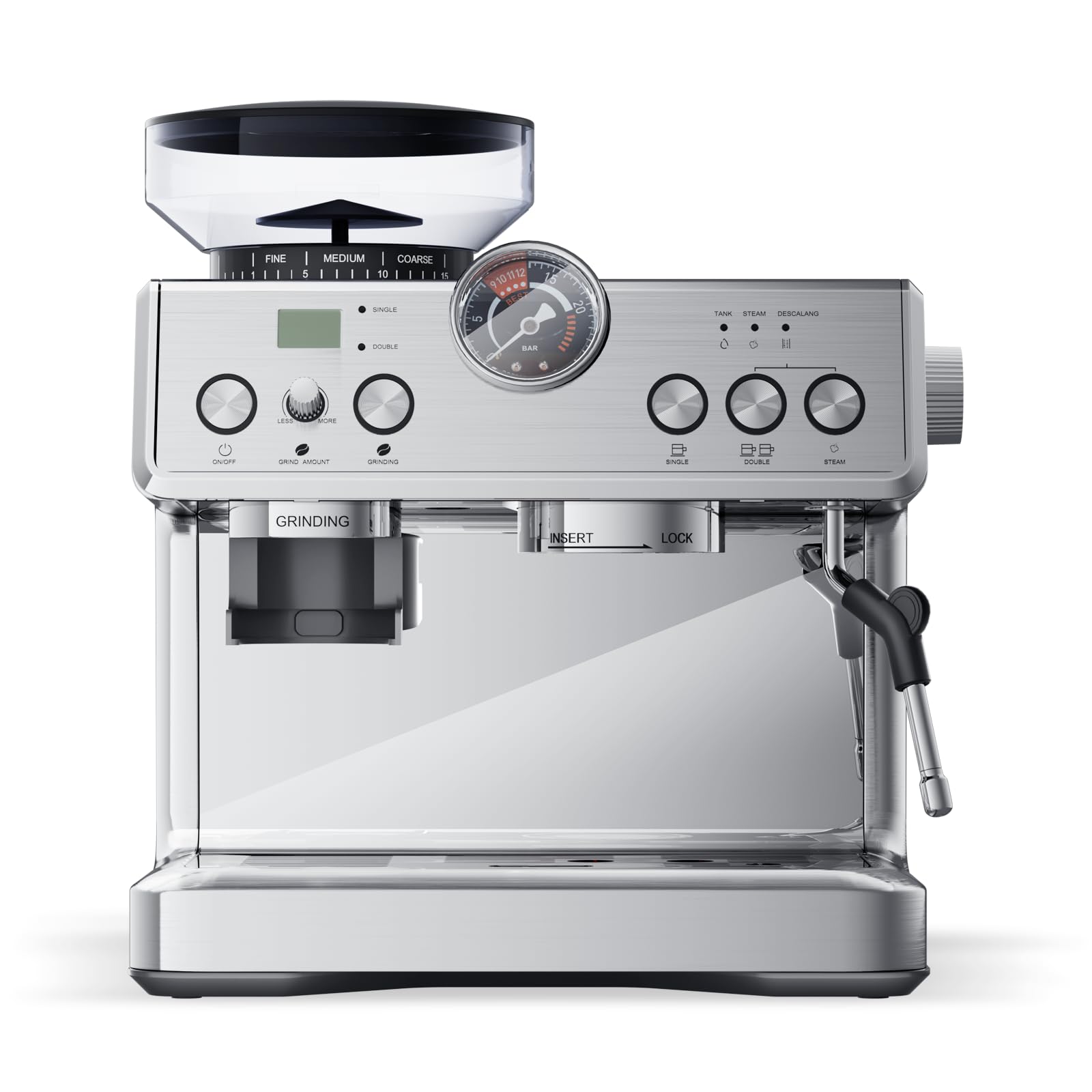 DISHUP Espresso Grinder Machine, Semi-Automatic Espresso Maker with Milk Frother, 20 Bar ULKA Pump & 31 Precision Grind Settings, PID Control System & Pressure Gauge for Espresso,Latte,Cappuccino