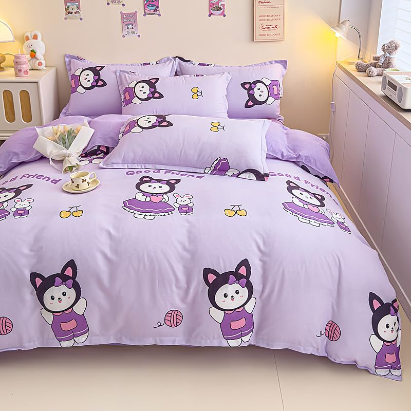 Sleepwish 3 Pieces Cute Cat Rabbit Print Duvet Cover Set 71"x87" Purple Bedding Set for Kids Teens Girls Bed Cover with 2 Pillowcases