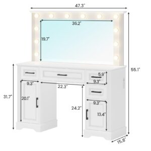 BTHFST Large Vanity Desk with Oversized Mirror & Hollywood Lights, Makeup Vanity with Charging Station, Modern Makeup Desk with 4 Drawers & 2 Storage Cabinets, White