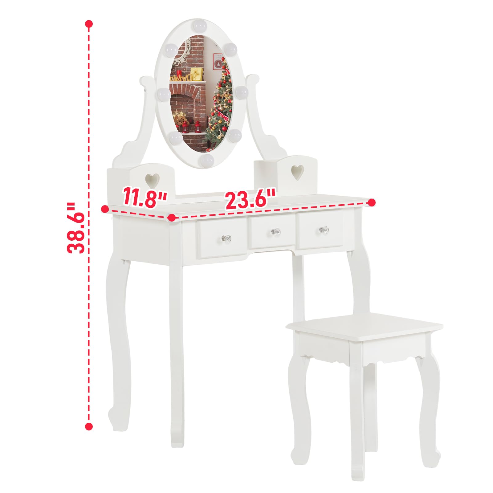 Volowoo Princess Makeup Desk and Chair Set,Vanity Set with Mirror and Stool, 5 Storage Drawers, Pretend Play Princess Makeup Desk Dressing Table and Stool Set for Little Girls, Macaroon White