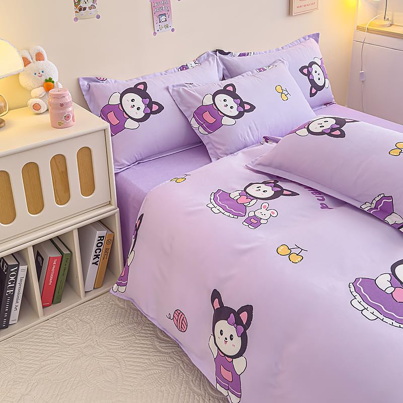 Sleepwish 3 Pieces Cute Cat Rabbit Print Duvet Cover Set 71"x87" Purple Bedding Set for Kids Teens Girls Bed Cover with 2 Pillowcases