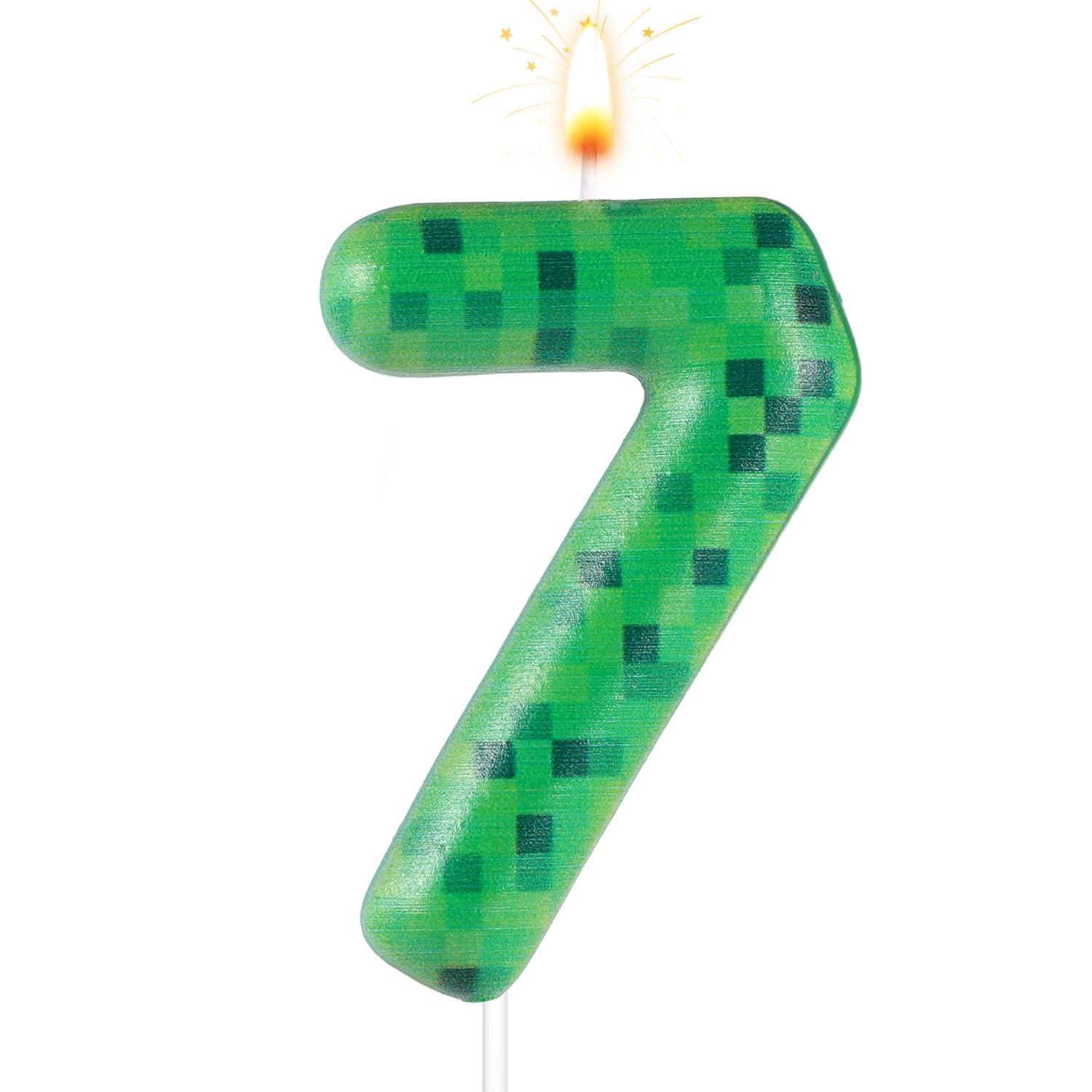 Pixel Miner Birthday Cake Candle, Dynamite Birthday Candle Green Number Birthday Candle TNT Themed Birthday Candle for Birthday Cake Games Party Decoration Supplies (Number 7)