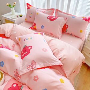 Sleepwish 3 Pieces Strawberry Bear Print Duvet Cover Set 79"x91" Pink Flowers Bedding Set for Kids Teens Girls Bed Cover with 2 Pillowcases