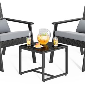 Ahomly 3 Pieces Patio Furniture Set Outdoor Furniture, Patio Chairs Wicker Patio Bistro Set with Glass Table, Outdoor Chairs for Balcony, Porch, Garden(Gray)