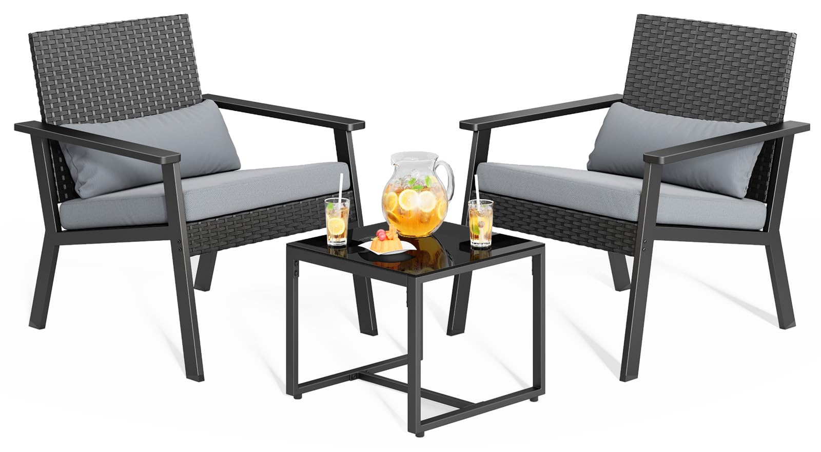 Ahomly 3 Pieces Patio Furniture Set Outdoor Furniture, Patio Chairs Wicker Patio Bistro Set with Glass Table, Outdoor Chairs for Balcony, Porch, Garden(Gray)