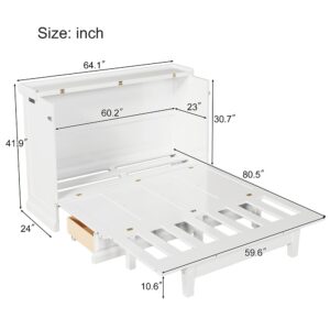 MERITLINE Queen Murphy Bed with Storage Drawer and Charging Station,Pine Wood White Murphy Bed Cabinet Folding Murphy Chest Bed Queen Size Adults Murphy Bed Unit