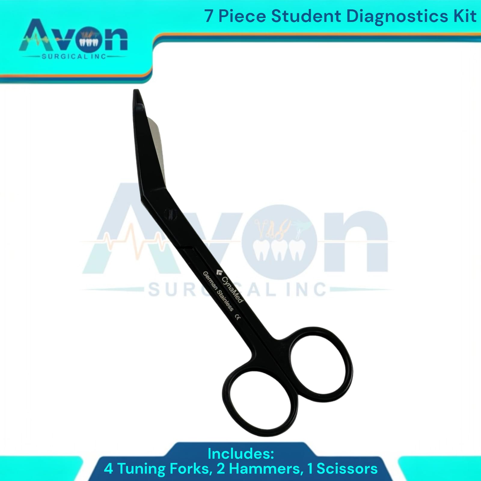 7pcs Student Diagnostics Kit with Taylor and Buck Reflex Hammers, 5.5" Bandage Scissors, Tuning Forks 128 Hz, 256 Hz, 512 Hz, 1024 Hz - Essential Bundle + Storage Case